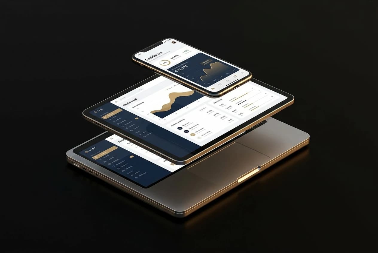 Premium multi-device mockup showing a modern, dark-themed dashboard on a laptop, tablet, and smartphone. The devices are floating slightly above a sleek black surface, softly illuminated by warm, high-end studio lighting, conveying a sense of luxury and technological sophistication.