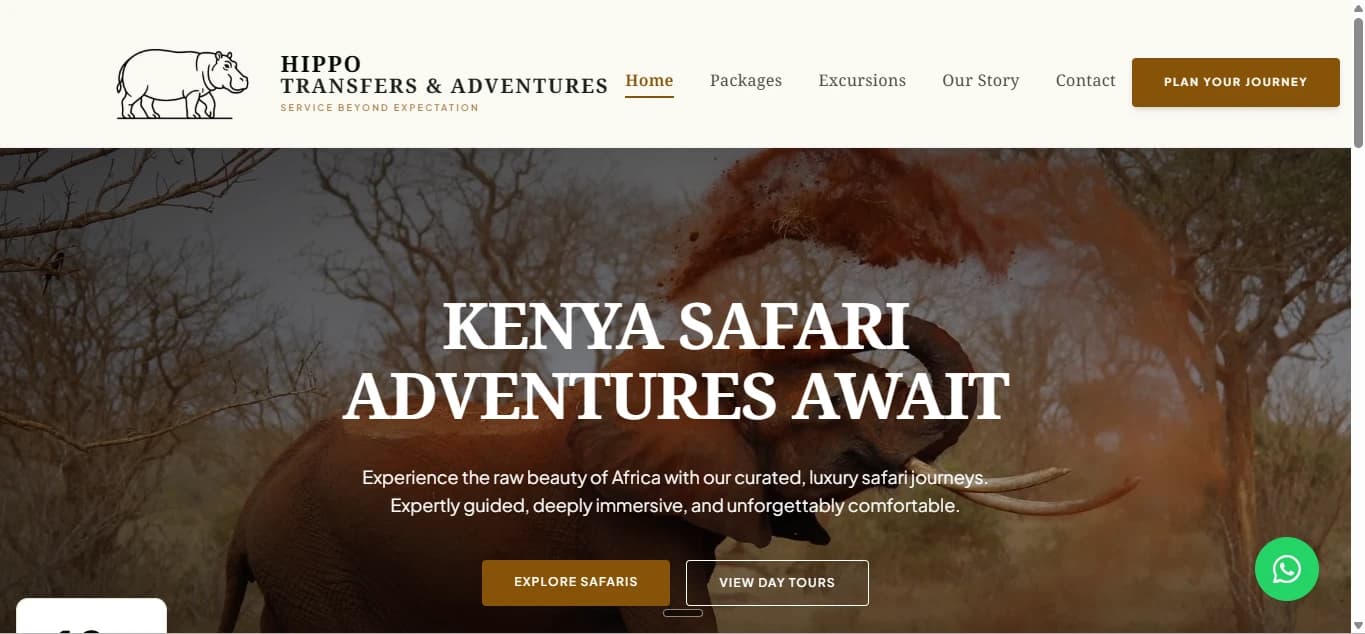 Screenshot of the Hippo Transfers & Adventures website header showing the logo, navigation menu, and a hero section with an elephant in the savanna.