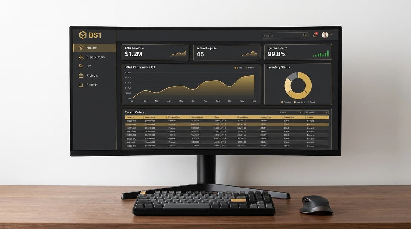 High-fidelity mockup of the BS1 ERP dashboard showing interconnected data nodes, scheduling calendar, and resource management interface.
