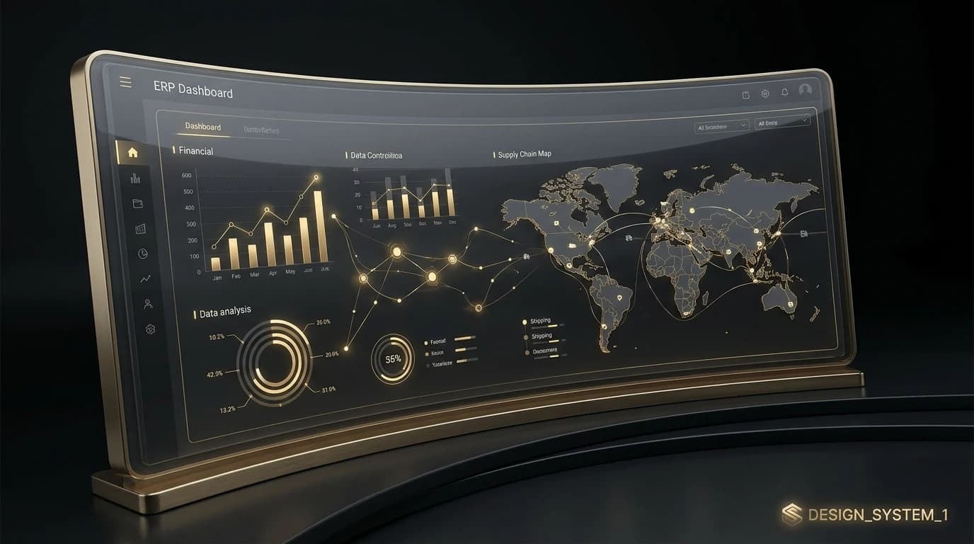 High-fidelity 3D mockup of the enterprise resource planning system interface showing analytics dashboards and booking management.