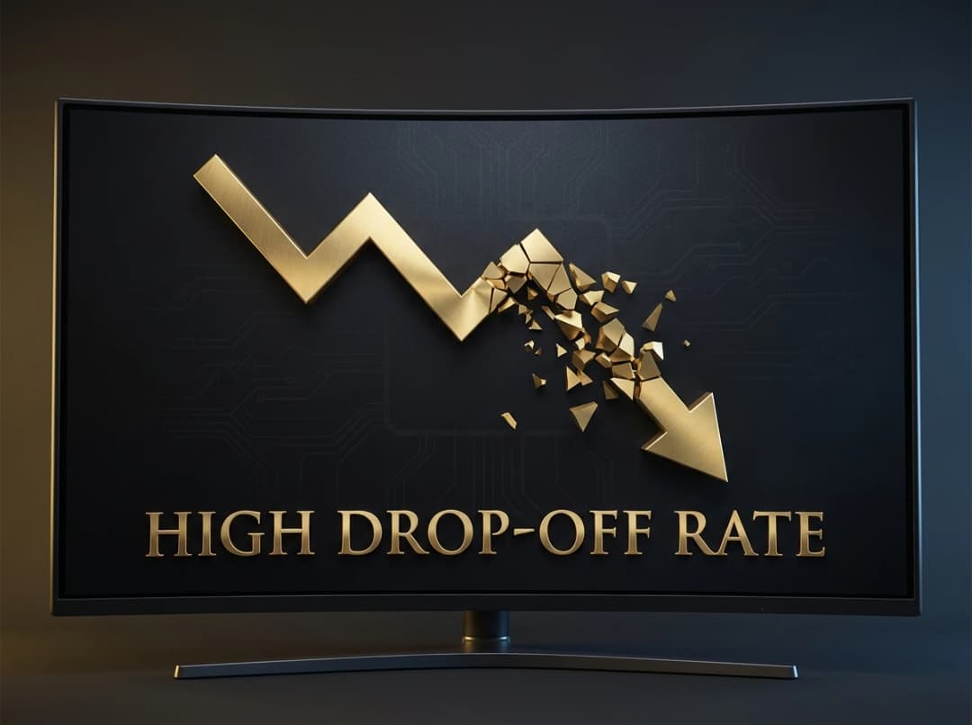 Conceptual 3D visualization representing a high drop-off rate with descending arrows and fragmented user flow data.