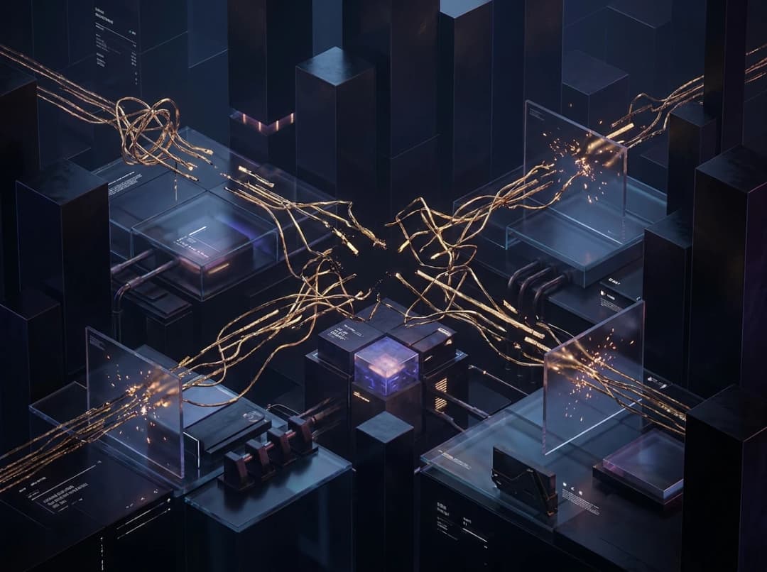 Conceptual 3D visualization representing a fragmented user journey with disconnected nodes and pathways.