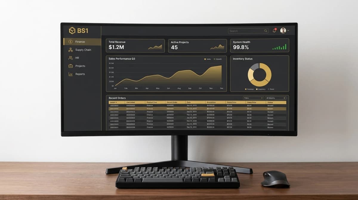 High-fidelity mockup of a complex ERP business system showing administrative interfaces.