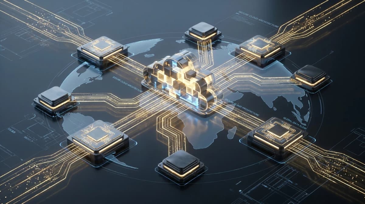 Conceptual 3D visualization of cloud infrastructure with glowing data nodes representing inventory tracking.