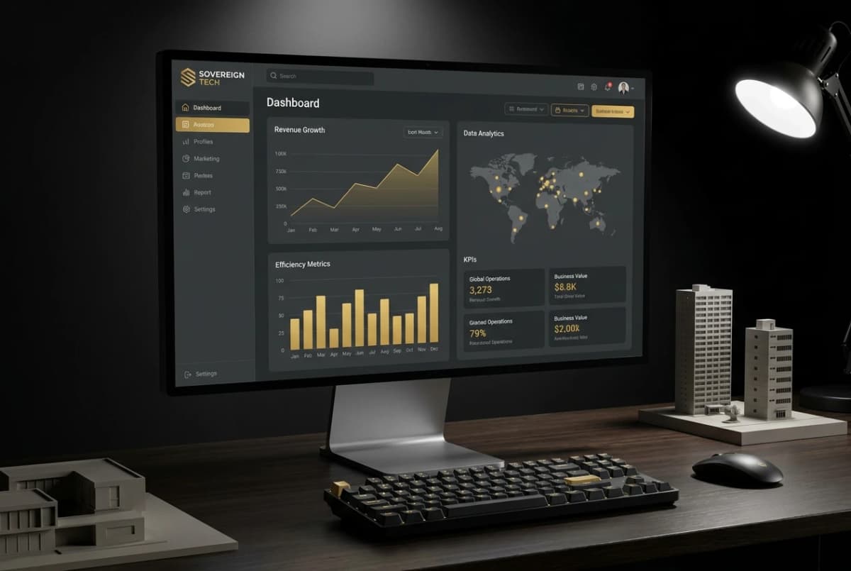 Premium high-fidelity mockup of a custom web application interface with branded portal design.