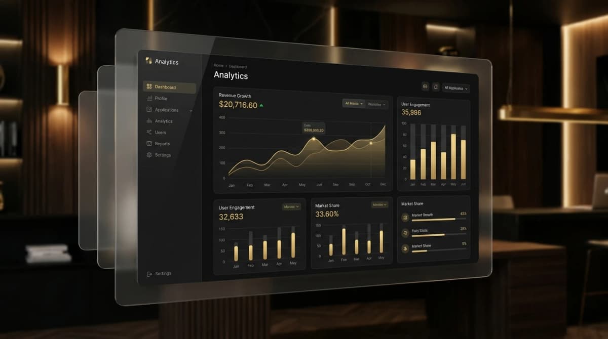 High-fidelity 3D mockup of a modern web application interface.